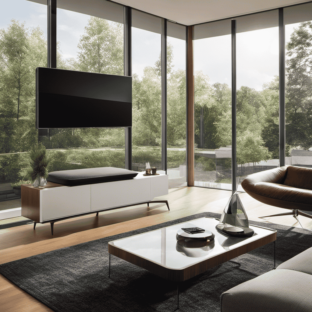 An image showcasing a spacious living room with an air purifier strategically placed near a large window, gently filtering out pollutants as sunlight streams in, emphasizing the optimal placement for maximum effectiveness