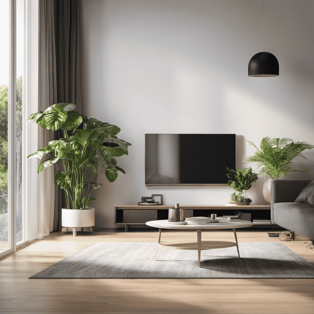 An image showcasing a modern living room with an air purifier placed strategically near a window, capturing the soft sunlight filtering through sheer curtains, while green plants thrive nearby