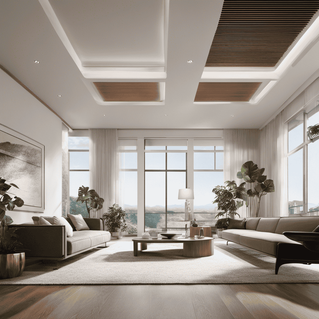 An image that showcases a spacious living room with an air purifier elegantly positioned near a window, harnessing natural light and strategically placed to optimize airflow