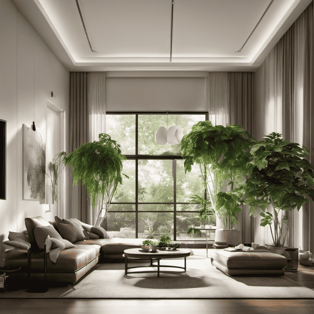 An image showcasing a spacious living room with an air purifier placed near a large window, capturing the soft sunlight filtering through sheer curtains, while plants thrive nearby, indicating the ideal location for maximum air purification