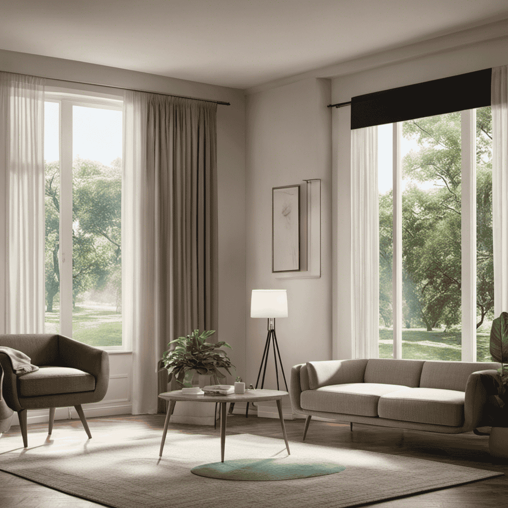An image depicting a living room with an air purifier placed near a window, capturing the soft morning sunlight filtering through sheer curtains, while the purifier quietly operates, removing pollutants from the air