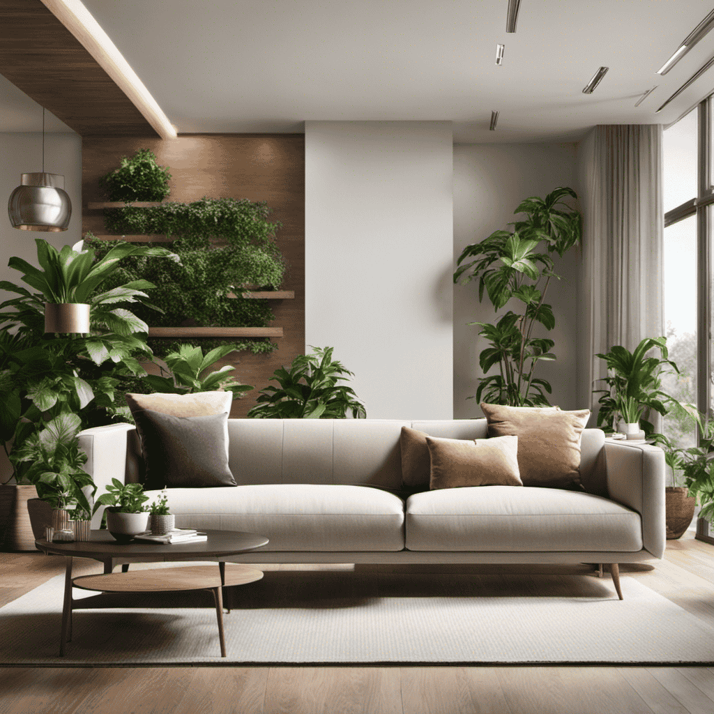 An image that showcases an air purifier placed strategically in a living room, beside a comfortable couch, surrounded by indoor plants, near an open window, with natural light filtering in