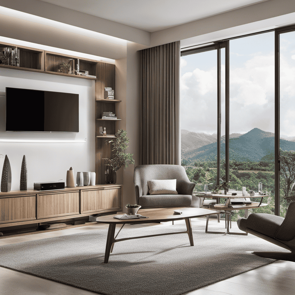 An image showing a spacious living room with an air purifier placed near a large window, strategically positioned to capture natural light and fresh air, away from potential obstructions or corners