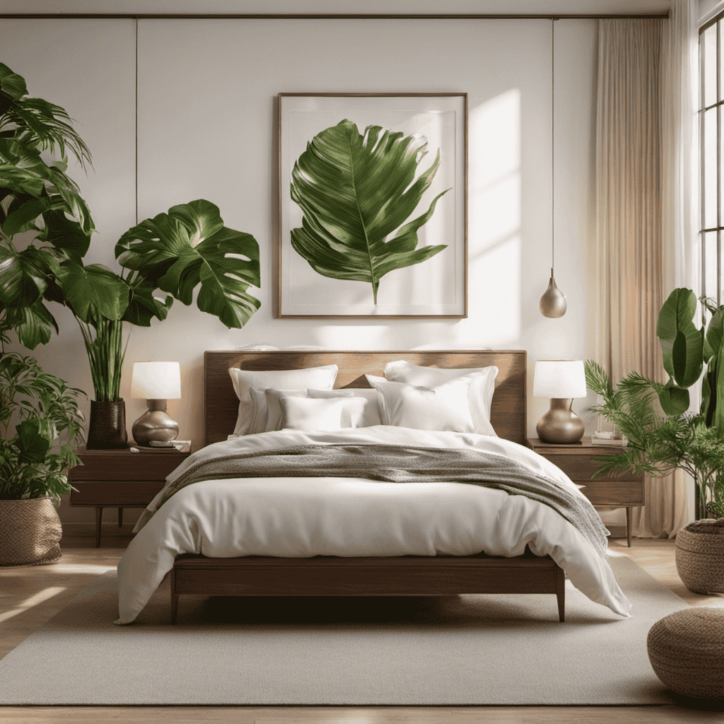An image depicting a serene bedroom scene with an air purifier placed elegantly on a nightstand, surrounded by lush plants