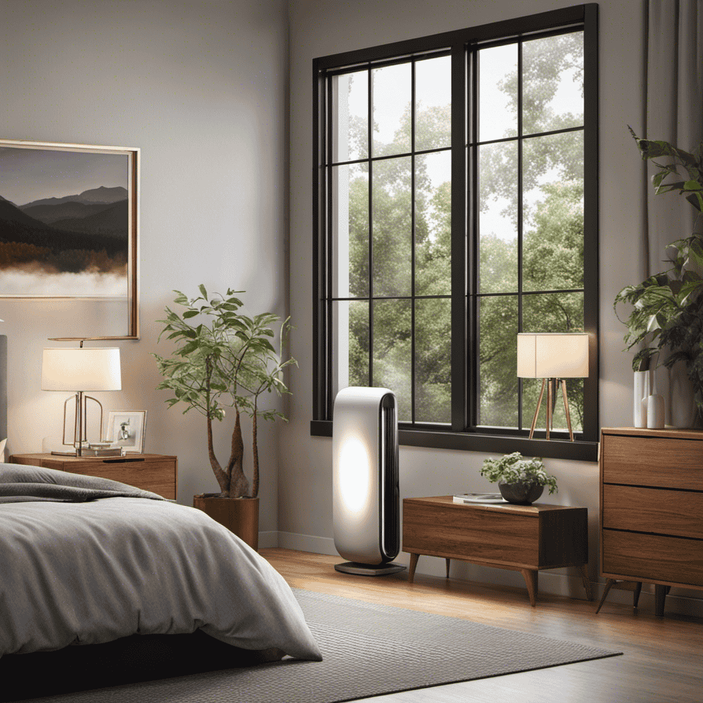 An image showcasing a serene bedroom scene with an air purifier placed on a nightstand next to an open window, capturing the gentle breeze carrying away allergens, while soft morning light fills the room