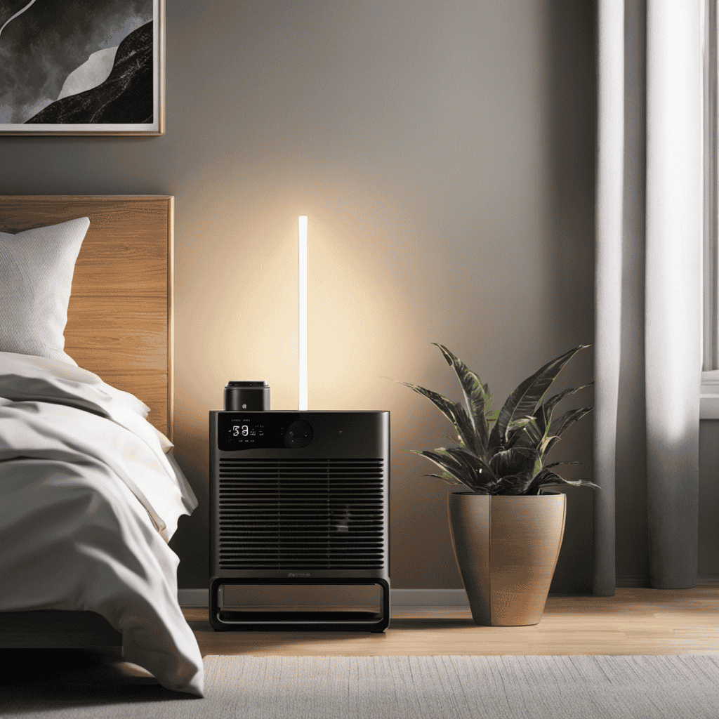An image showcasing a cozy bedroom with an air purifier strategically placed on a bedside table