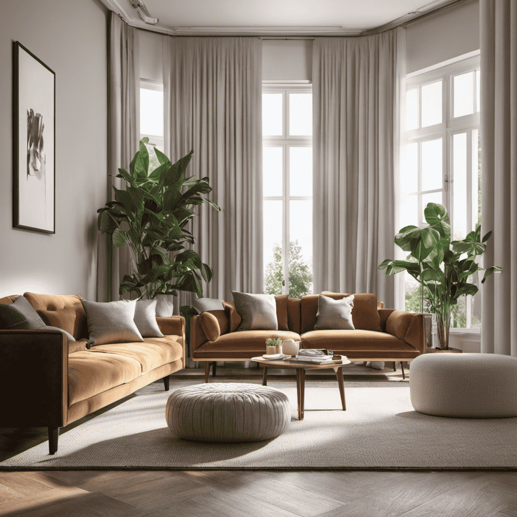 An image showcasing a living room with an air purifier placed near a window, capturing sunlight filtering through the curtains, plants placed strategically around the room, and fresh, clean air circulating throughout