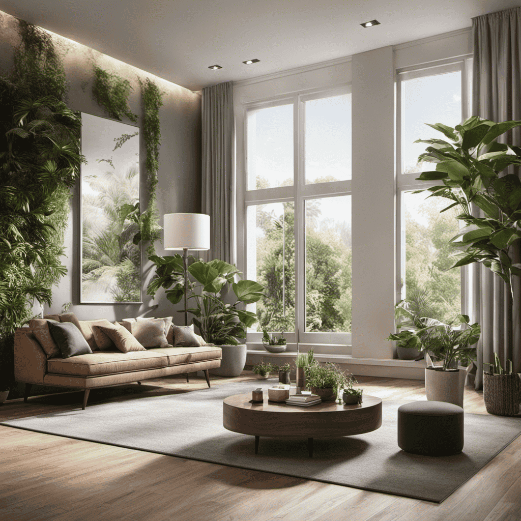 An image showcasing a living room with an air purifier placed near a window, gently filtering out pollutants while allowing fresh air to enter