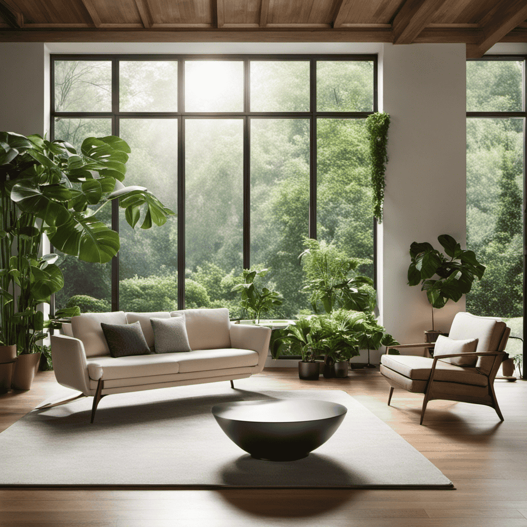 An image of a well-lit living room, showcasing an air purifier placed strategically near a large window, surrounded by indoor plants