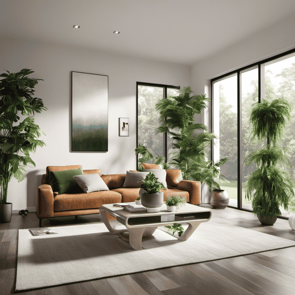 An image showcasing the ideal placement for an air purifier: a spacious living room with tall windows, green plants, and a purifier placed near a sitting area, effectively removing pollutants and providing fresh, clean air