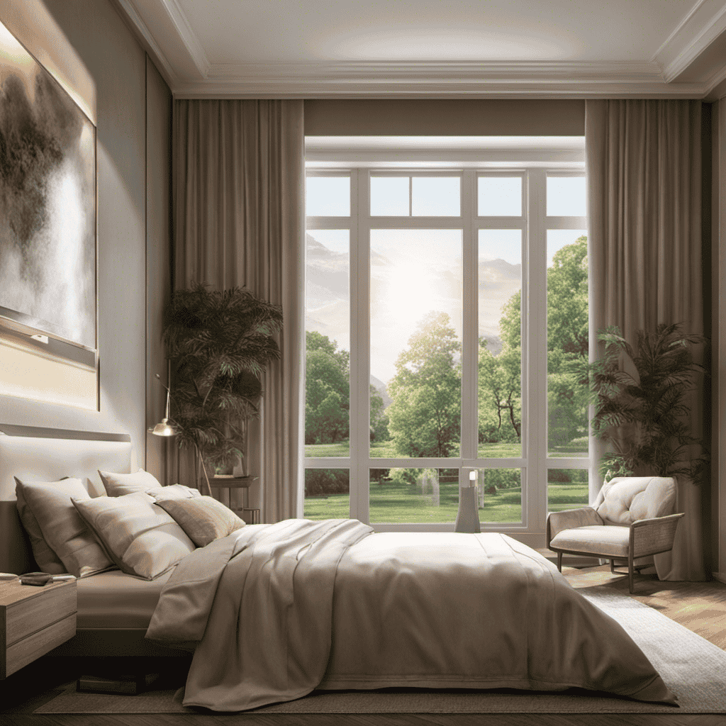 An image depicting a serene bedroom scene with an air purifier placed on a bedside table next to a large window, capturing the soft morning sunlight filtering through the curtains