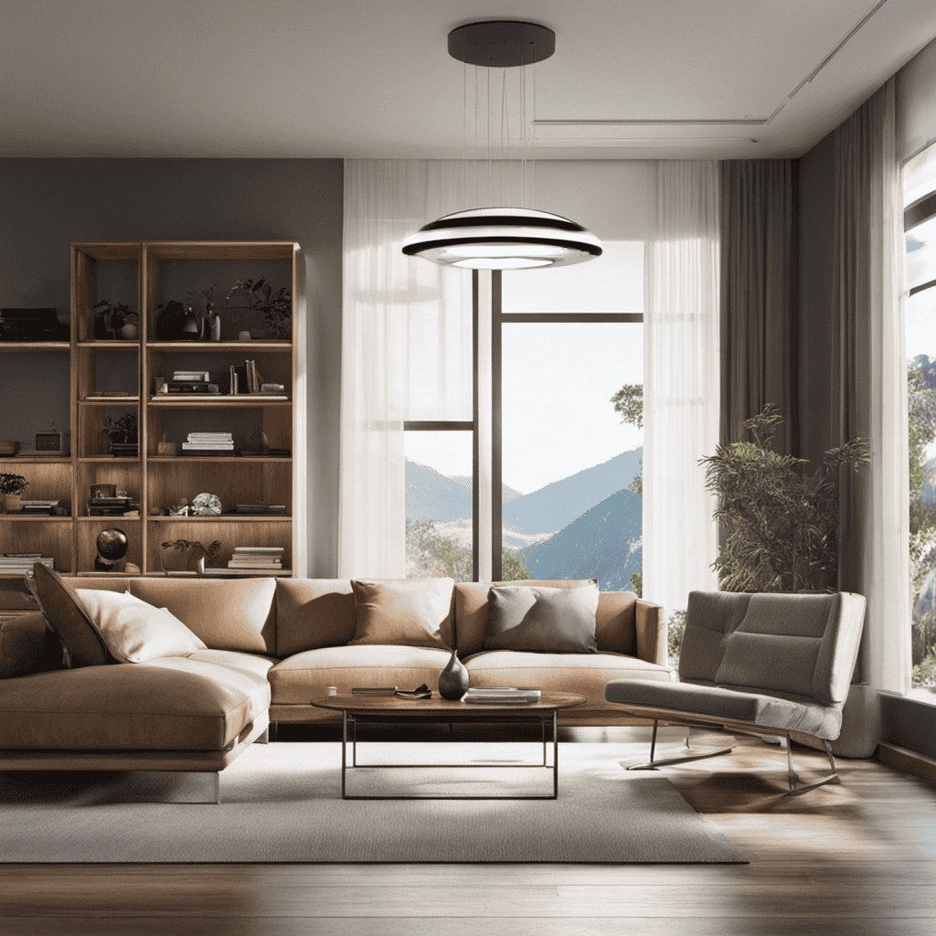 An image showcasing a living room with an air purifier strategically placed near a window, capturing dust particles floating in the air, while sunlight streams in, highlighting the purified space