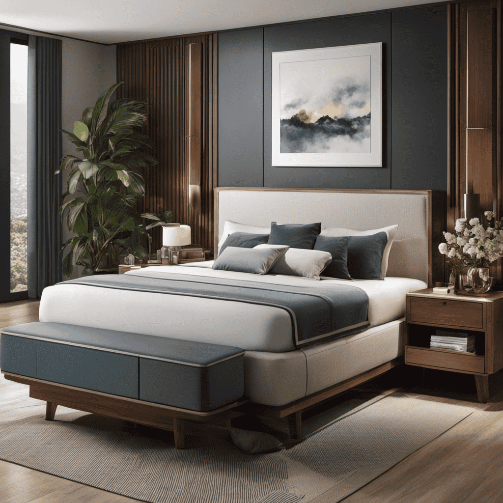 An image depicting a serene bedroom setting, with an air purifier strategically placed on a nightstand near a bed