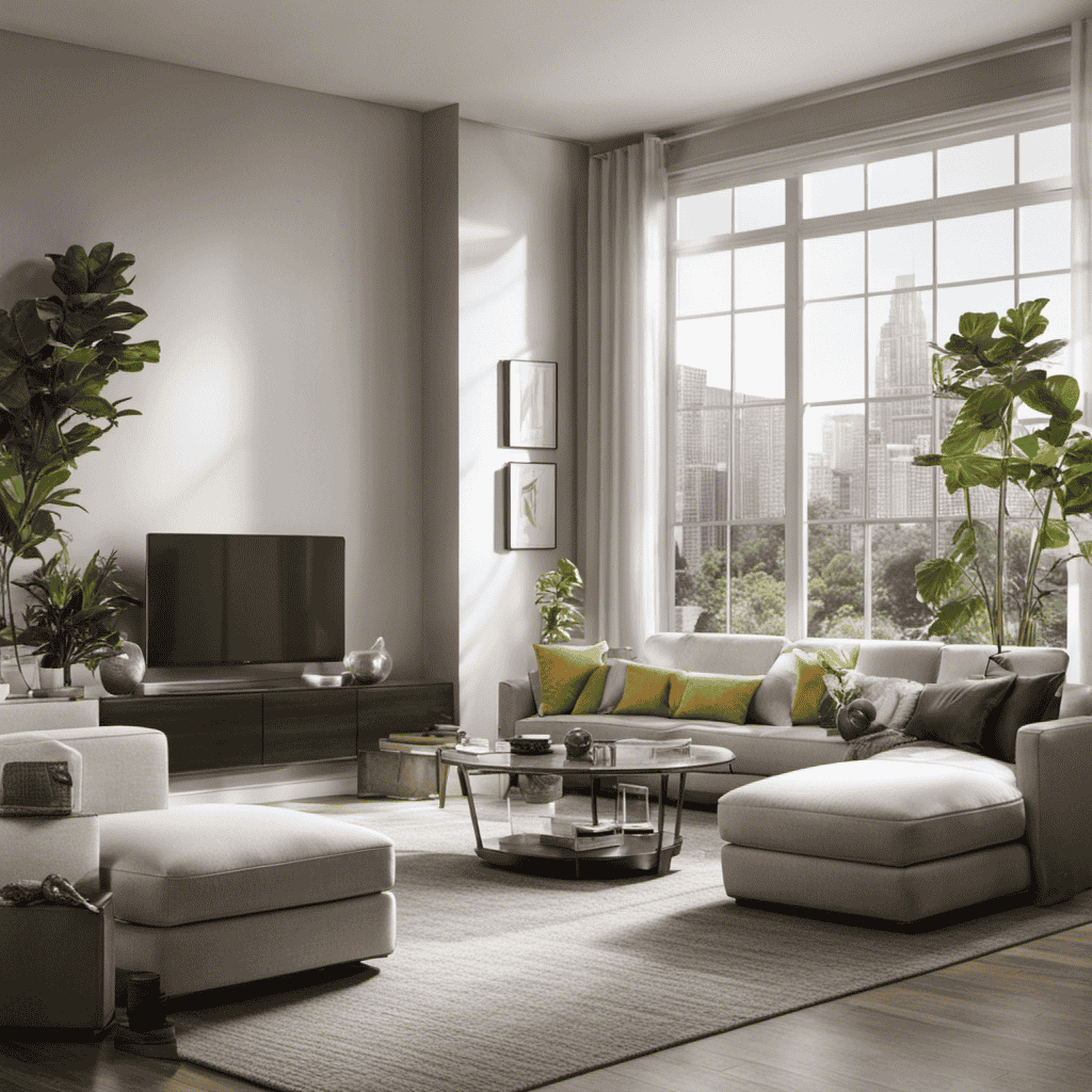 An image featuring a spacious living room with an air purifier placed near a large window, gently filtering the sunlight
