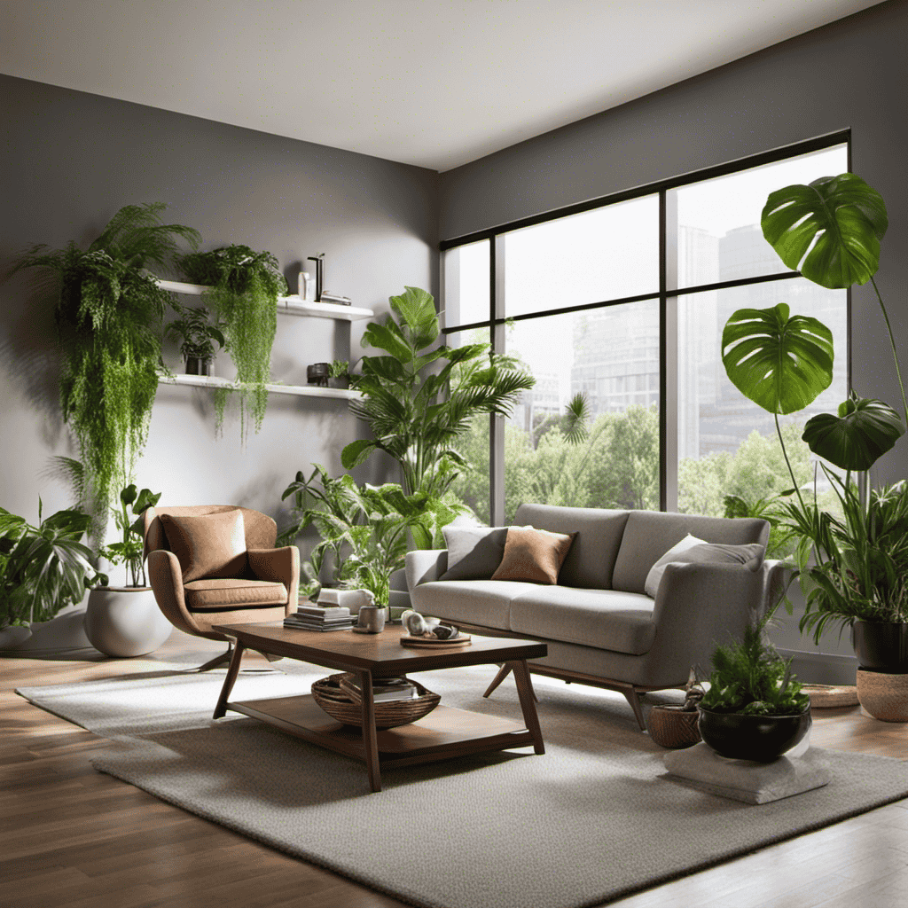 An image capturing a modern living room, with an air purifier strategically placed on a side table next to a cozy armchair, surrounded by lush indoor plants, near a slightly open window