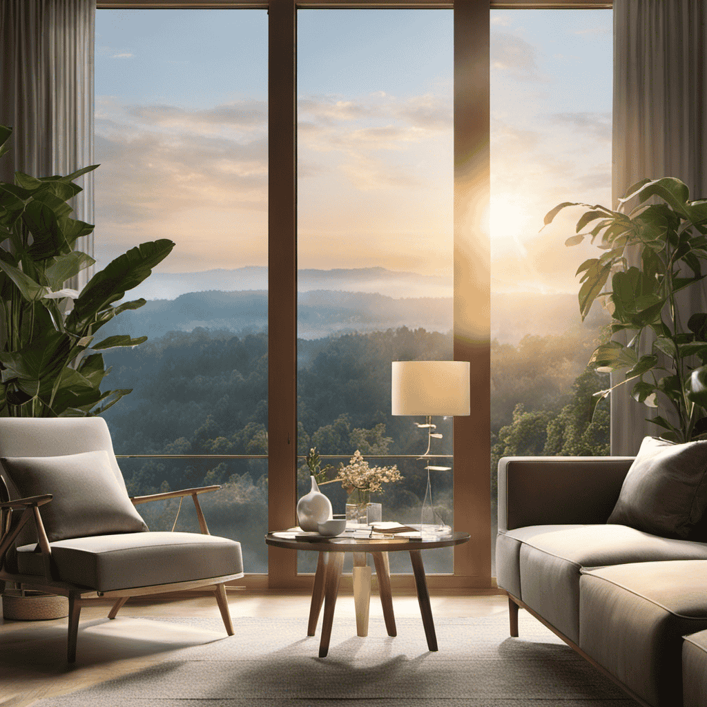 An image depicting a living room with an air purifier strategically placed near a window, capturing the gentle sunlight streaming in, showcasing the optimal location for maximum air purification