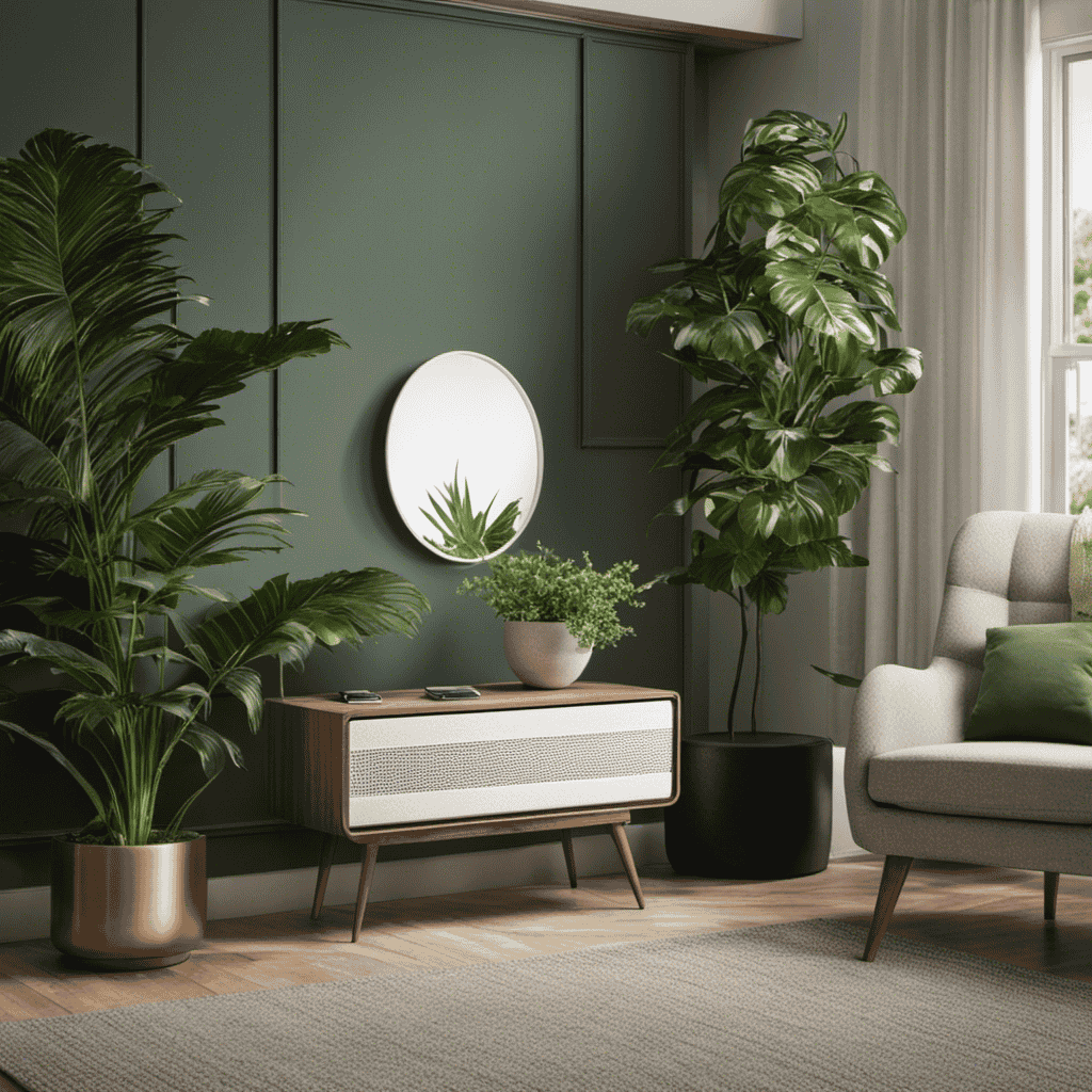 An image showcasing a serene bedroom scene with an air purifier placed on a bedside table, surrounded by lush green plants, capturing the perfect placement for optimal air purification