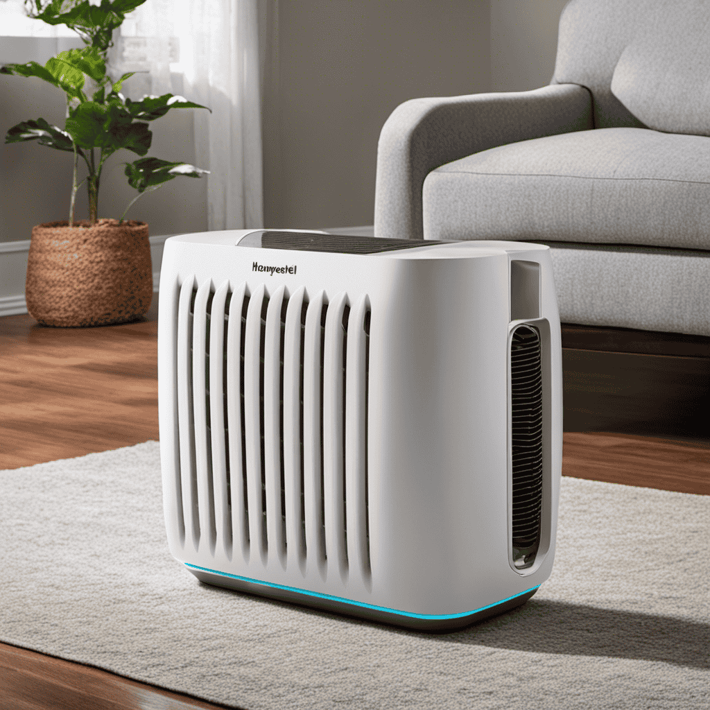 An image showcasing a pristine home environment with an elegantly designed Honeywell Air Purifier Model Hpa104wmp