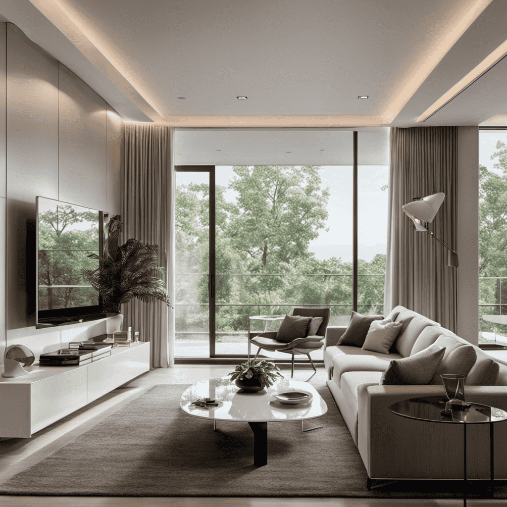 An image showcasing a well-lit, spacious living room with floor-to-ceiling windows, where a sleek, white Honeweii Air Purifier sits on a side table, elegantly blending into the modern decor