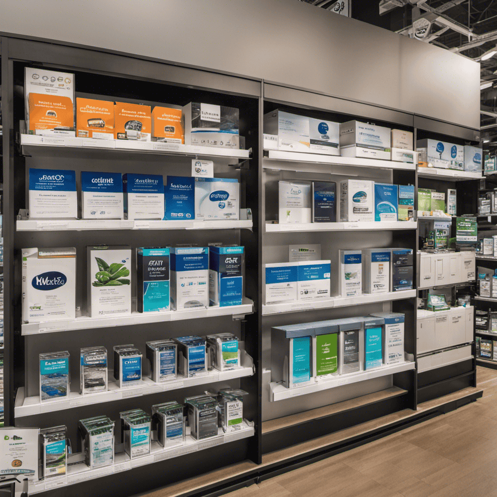 An image showcasing a variety of air purifier filter replacements neatly arranged on a shelf in a well-lit store aisle with clear signage, offering a range of brands and models