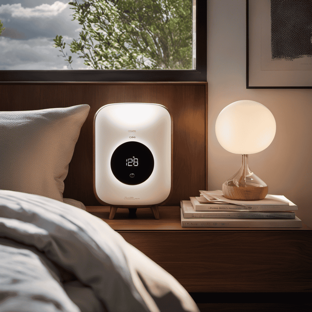 An image showcasing a cozy bedroom with a small window, where a compact air purifier sits atop a wooden nightstand