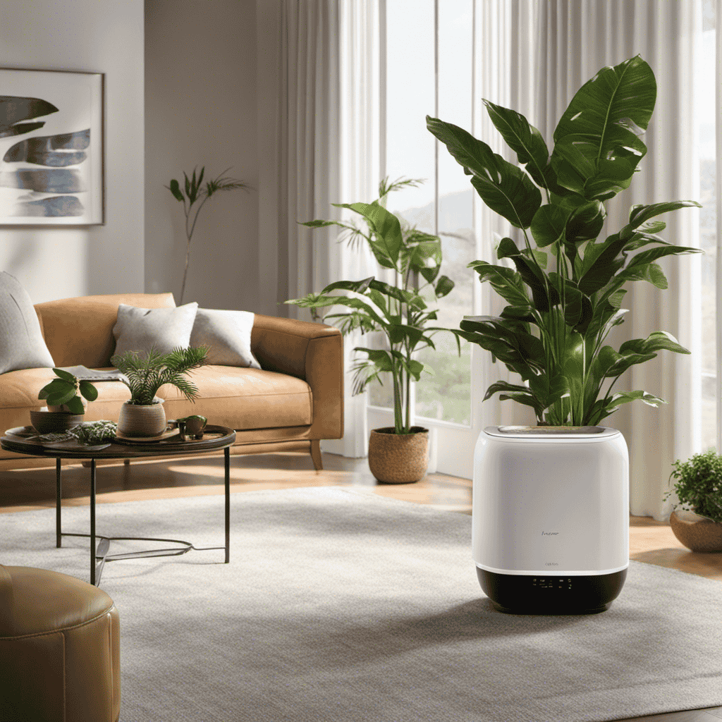 A vibrant image showcasing a spacious living room bathed in natural light, featuring a sleek air purifier nestled beside a lush indoor plant