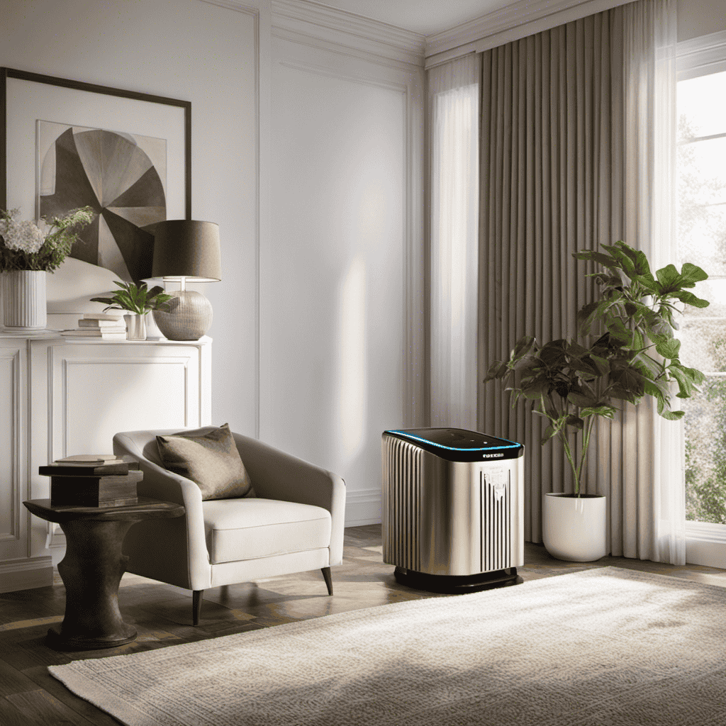 An image showcasing a pristine living room with sun rays illuminating through the windows, as an Oreck Professional Air Purifier sits elegantly on a side table, effortlessly purifying the air