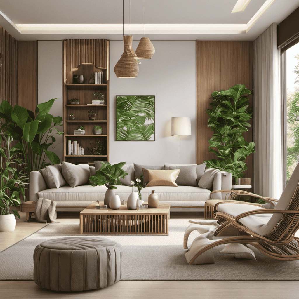 An image showcasing a serene living room with abundant natural light, adorned with lush green plants