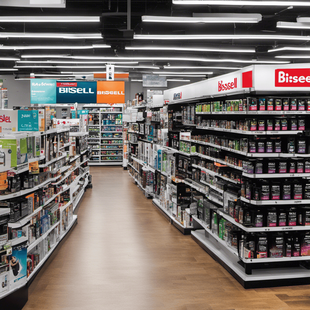 An image showcasing a well-lit and organized store aisle filled with shelves neatly displaying various models of Bissell Air Purifiers