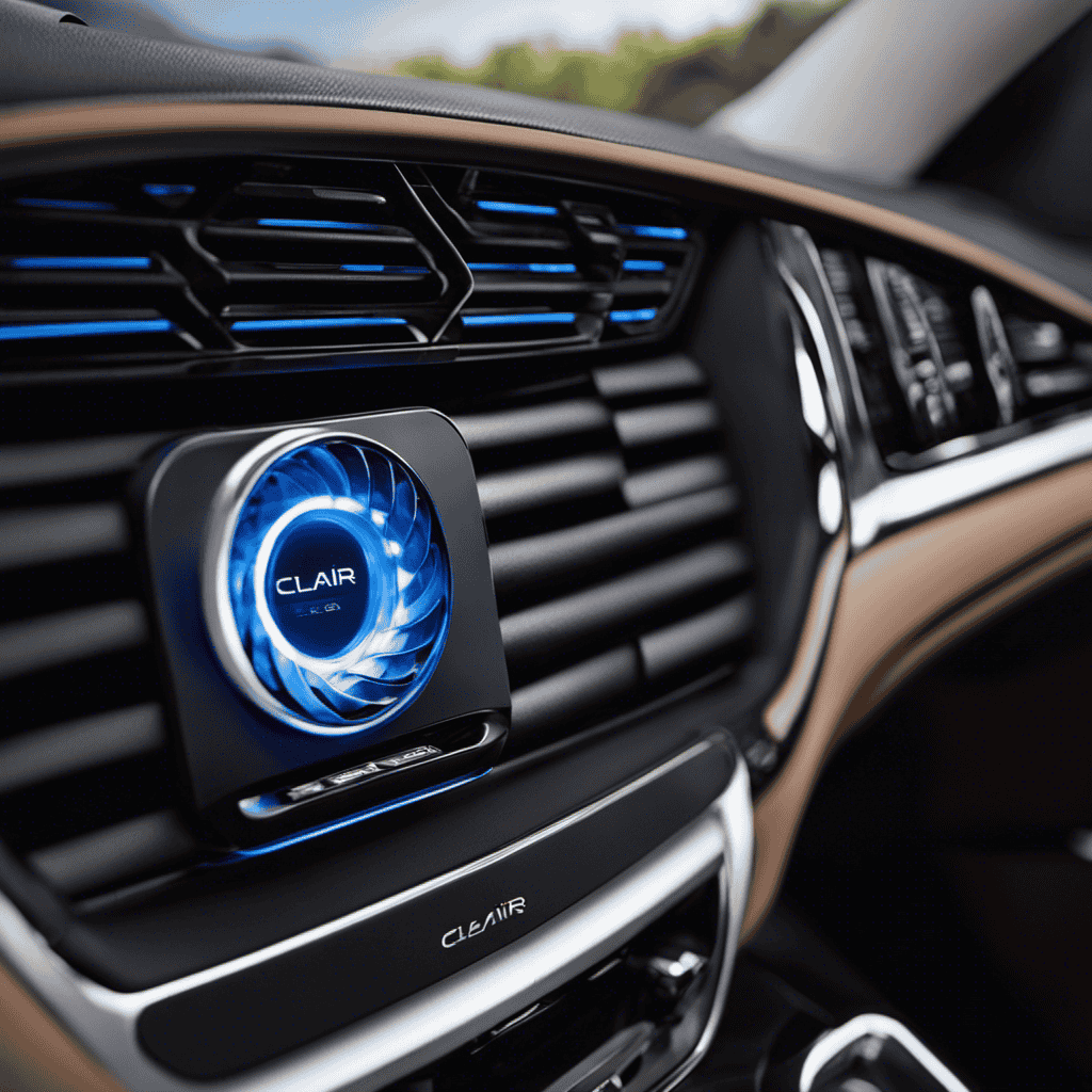 An image showcasing the sleek, compact Clair B Air Car Purifier Ionizer embedded in a car's dashboard