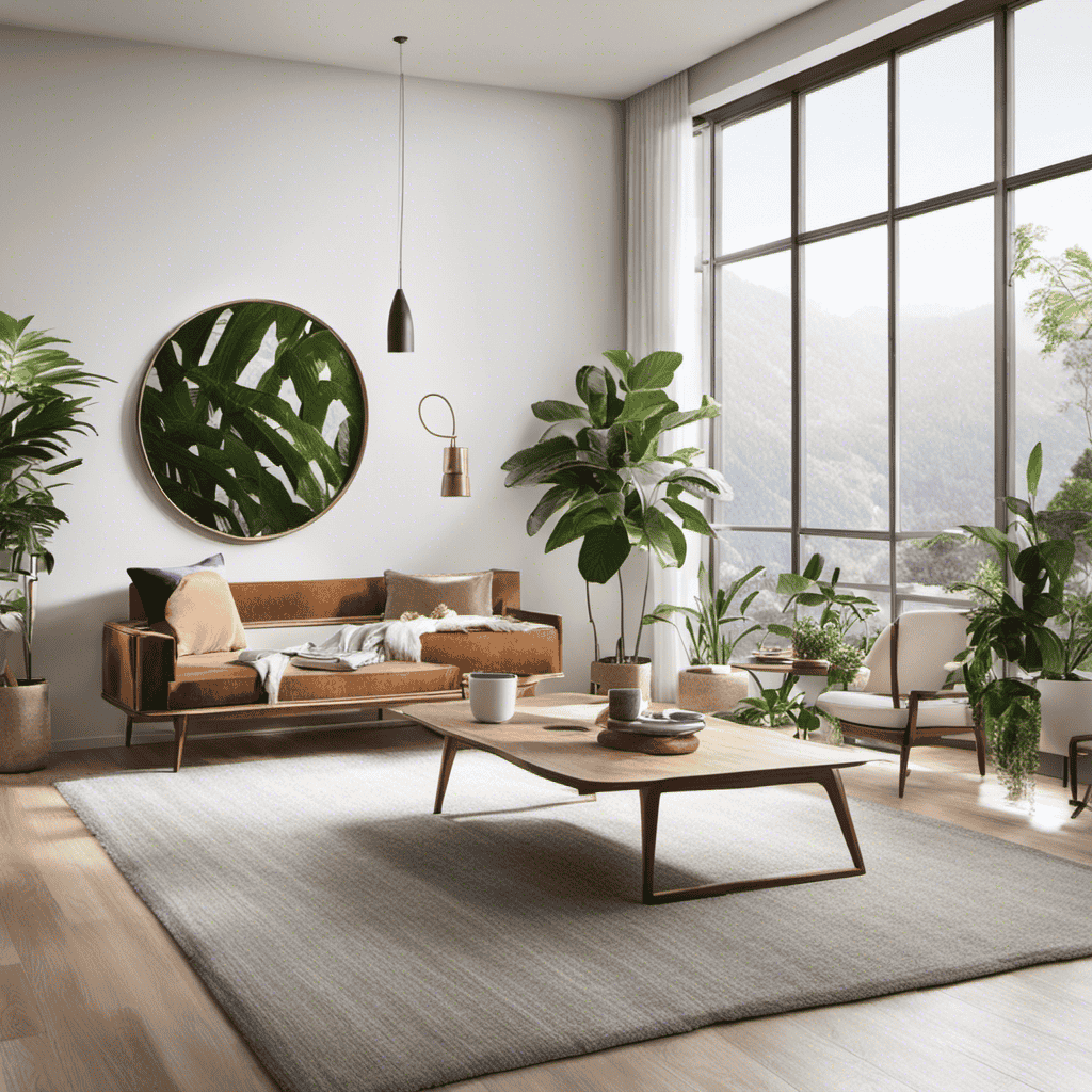 An image showcasing a bright, airy living room with a lush indoor plant, bathed in natural light