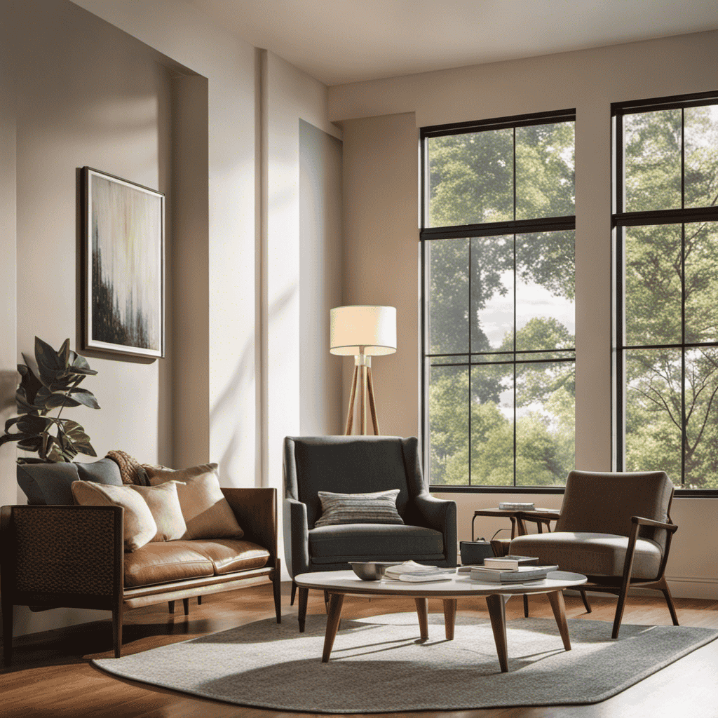 An image showcasing a well-lit, spacious living room with a large window, where a sleek Germguardian Air Purifier sits on a wooden side table next to a cozy armchair