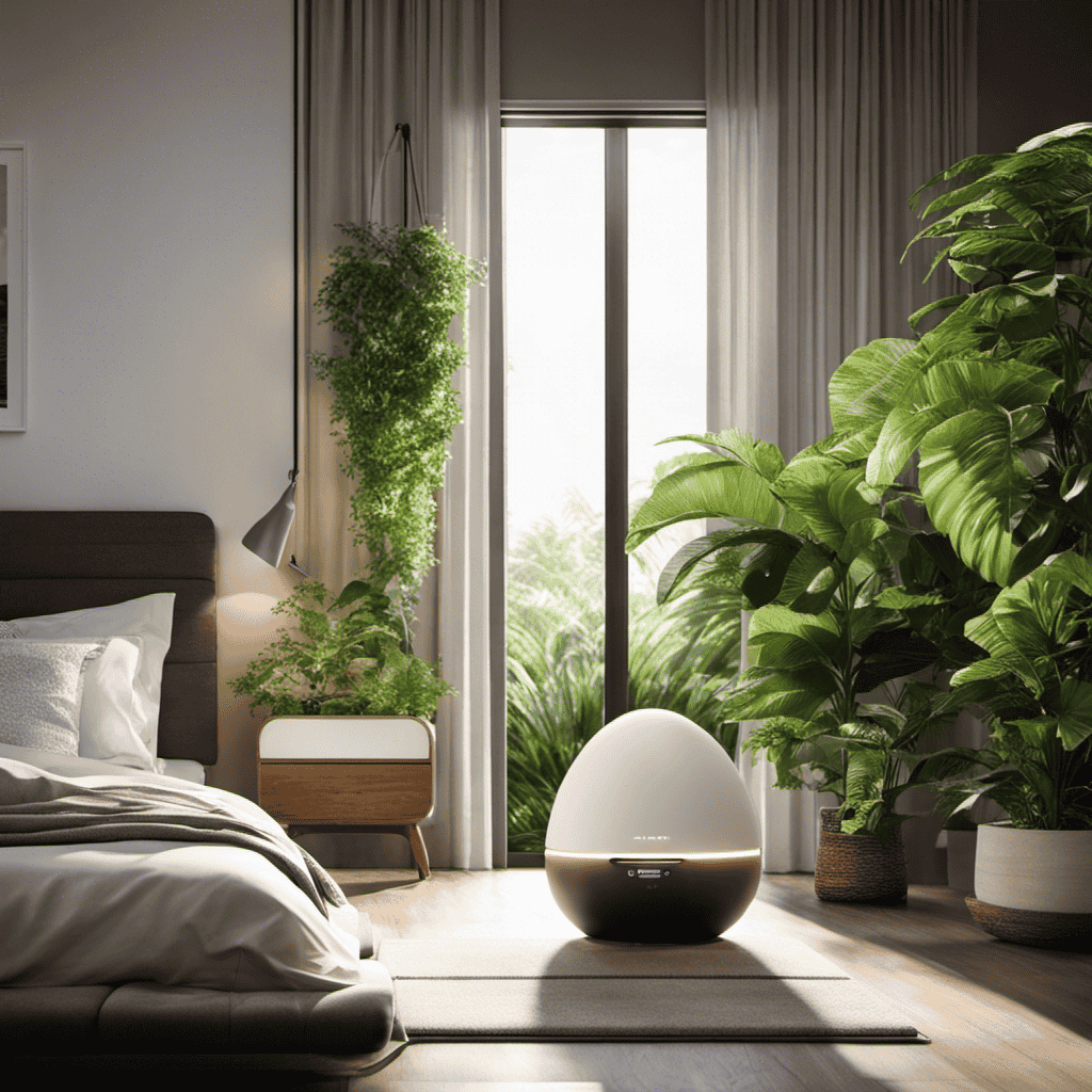 An image depicting a serene bedroom with sunlight streaming through a window, highlighting a sleek Hepa Egg Air Purifier on a bedside table