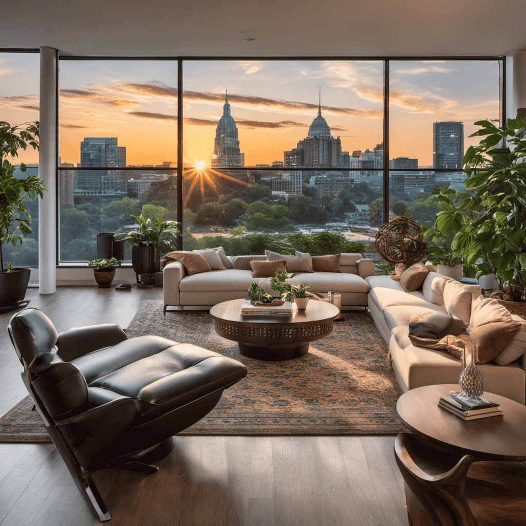 An image featuring a well-lit, spacious room in Bloomington, adorned with lush green plants and a luxurious contemporary air purifier placed elegantly near a window, showcasing the city's skyline at sunset