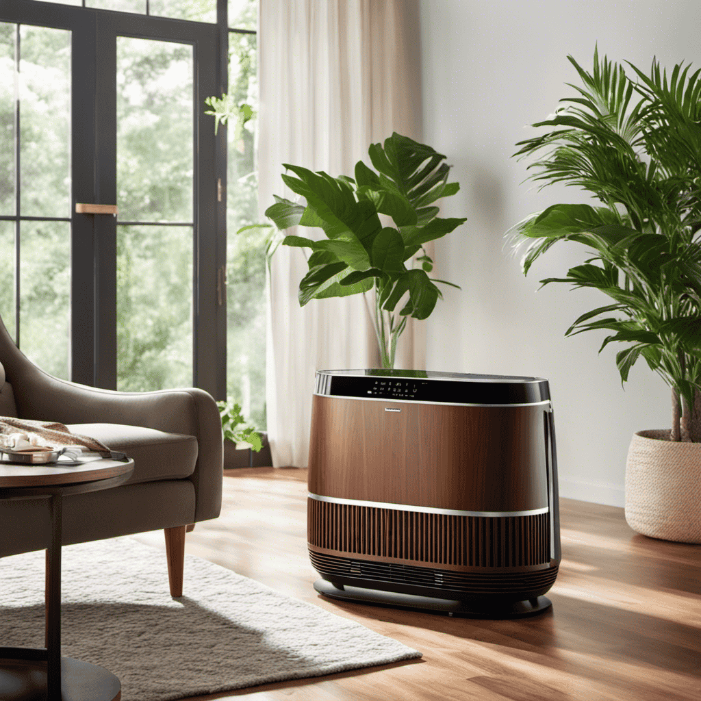 An image showcasing a well-lit, spacious living room with a Honeywell Air Purifier placed on a sleek wooden side table, surrounded by lush green plants, to highlight the perfect spot to buy and enjoy the purifier's fresh air