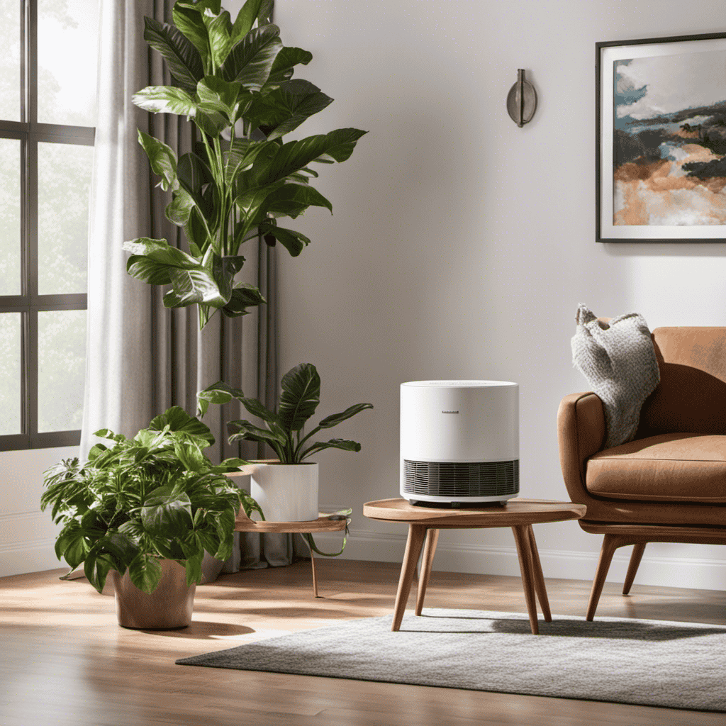 An image that showcases a spacious living room with a Honeywell True HEPA Air Purifier placed on a sleek side table, surrounded by fresh plants, highlighting its effectiveness in providing clean, breathable air