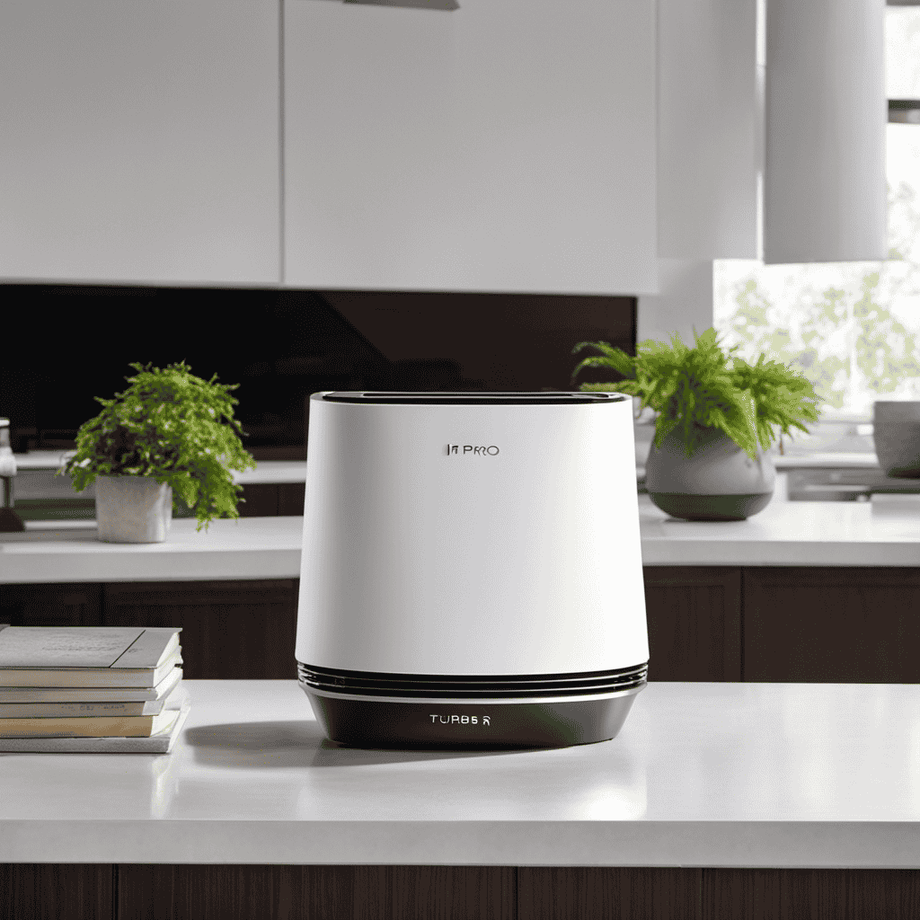 An image showcasing the sleek design of the Ionic Pro Turbo Air Purifier, positioned on a pristine white countertop