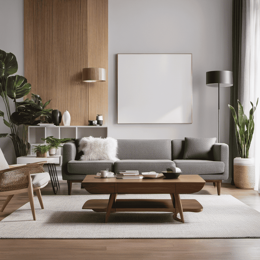 An image showcasing the interior of a well-lit modern living room, with a Levoit air purifier prominently placed on a sleek wooden table