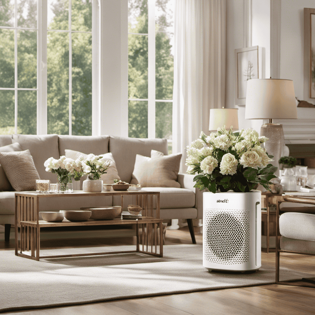 An image showcasing a cozy living room setting with a Levoit Air Purifier placed on a side table