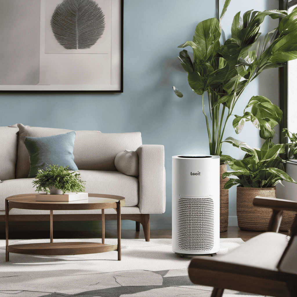 An image showcasing a well-lit, spacious living room, with a Levoit Air Purifier placed elegantly on a side table
