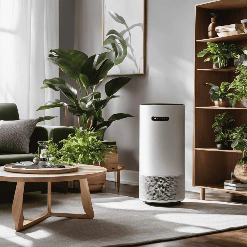 An image showcasing a bright and airy living room with a Molekule Air Purifier elegantly placed on a side table, complemented by lush green plants and sunlight streaming through sheer curtains