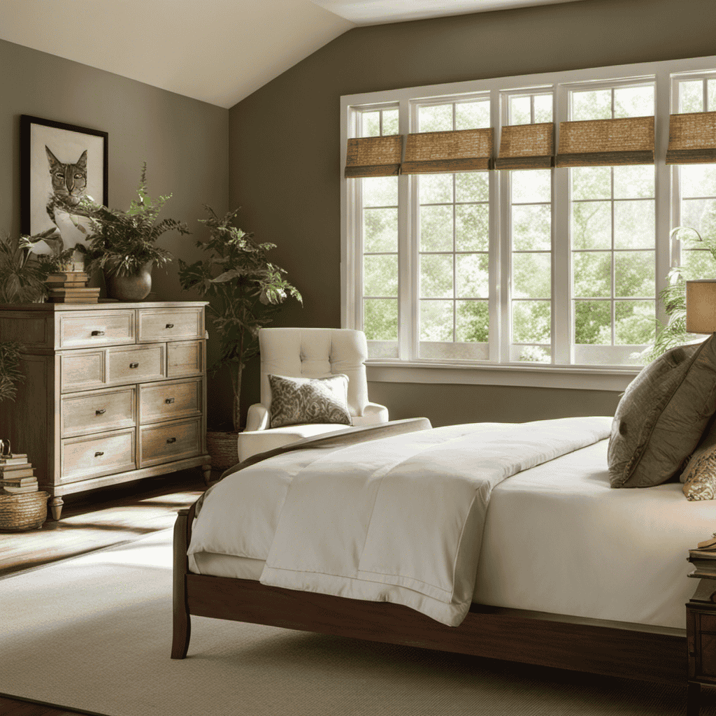 An image of a serene bedroom in Augusta, GA, with sunlight streaming through open windows, showcasing Nature Fresh Air Purifier Bags strategically placed on bookshelves, nightstands, and hanging from bedposts