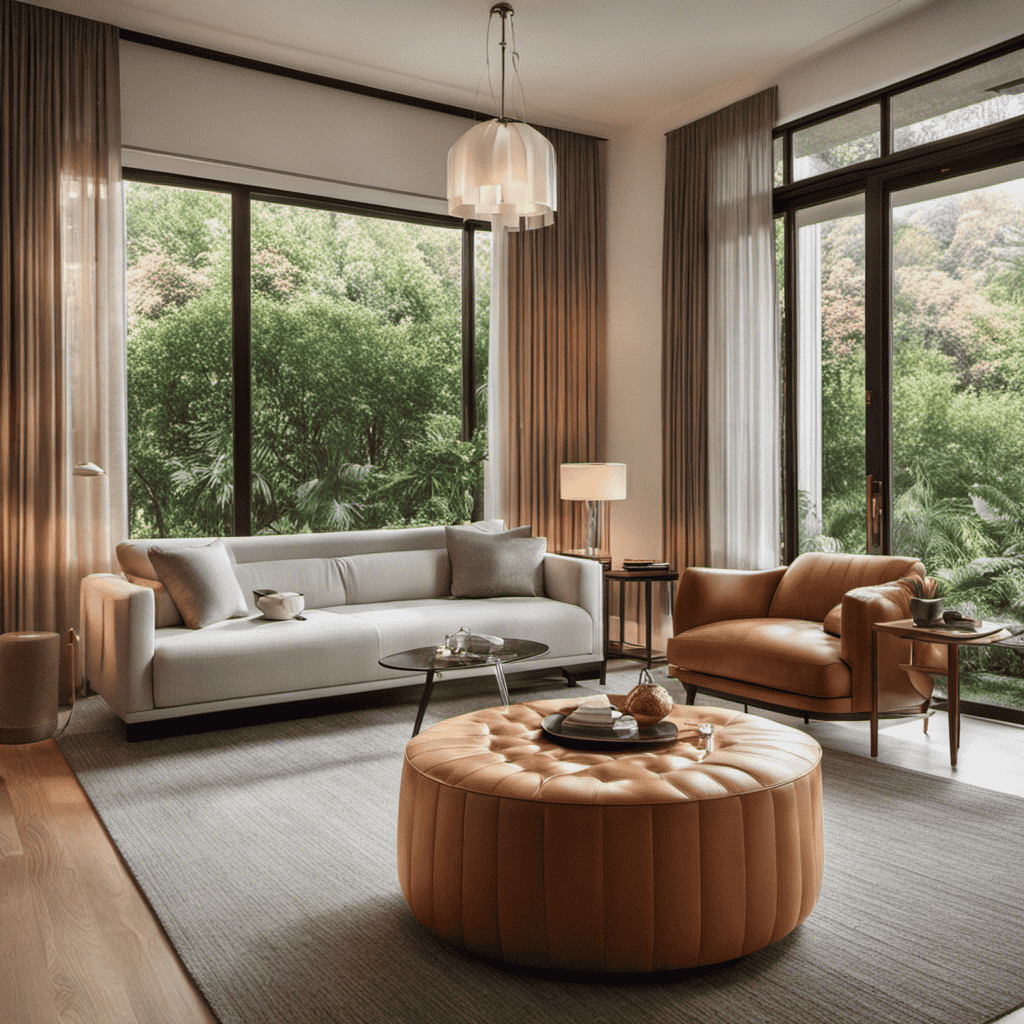 An image showcasing a well-lit, spacious living room with large windows overlooking a lush garden, featuring an Oransi Air Purifier placed elegantly on a side table, blending seamlessly with the modern decor