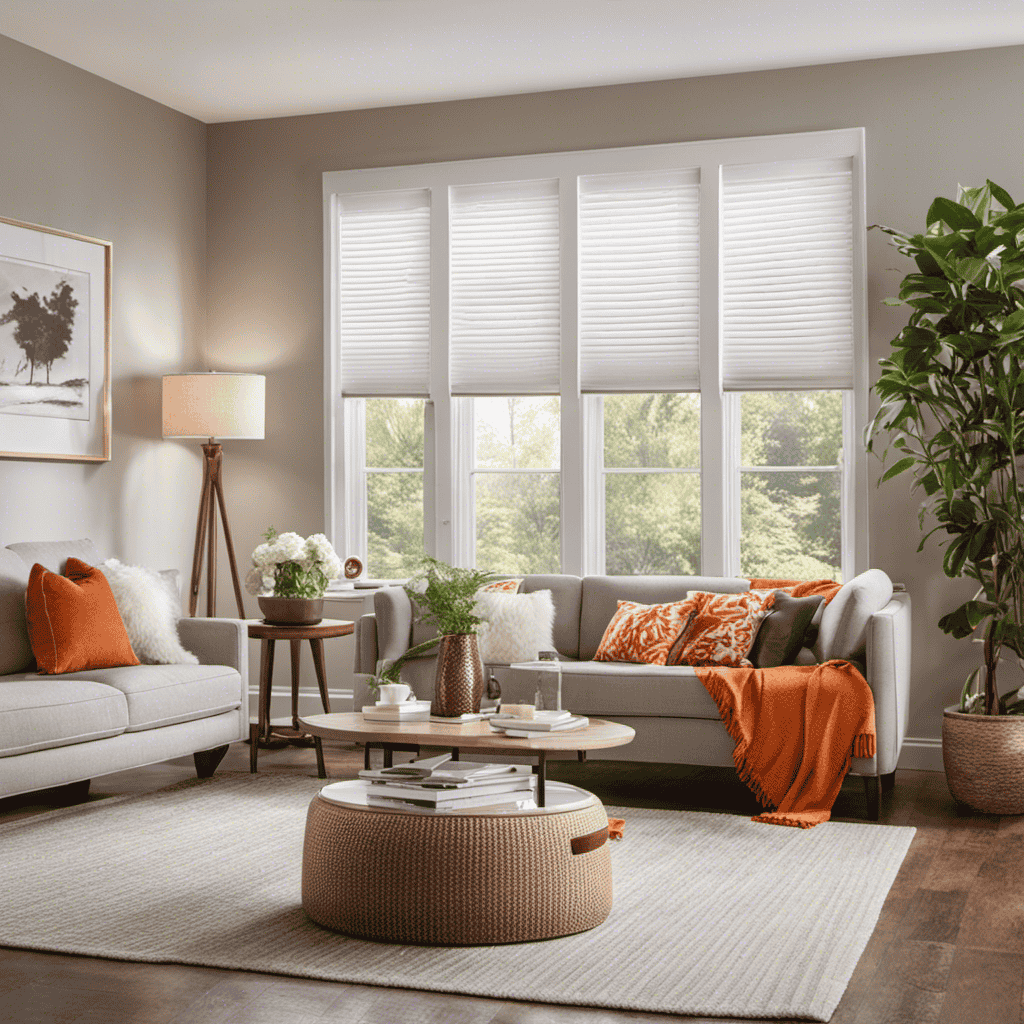 An image showcasing a cozy living room, bathed in soft natural light, with an Oransi V-Hepa Max Air Purifier placed prominently on a side table