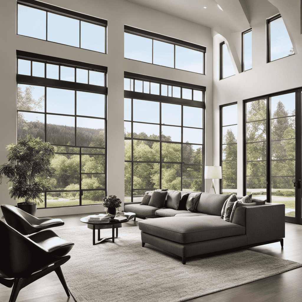 An image showcasing a modern living room with abundant natural light streaming through large windows