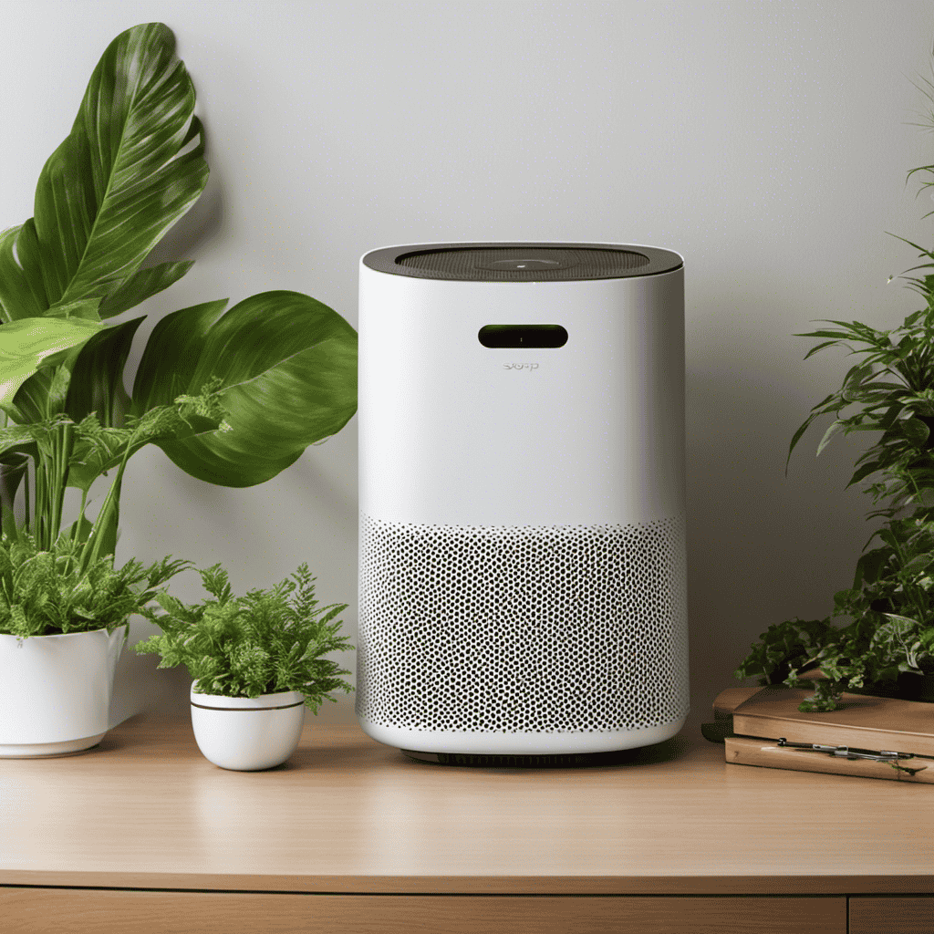 An image showcasing a well-lit, modern home environment with a sleek, white Sharp Air Purifier Filter prominently displayed on a clean, clutter-free table, surrounded by lush green plants and a serene atmosphere