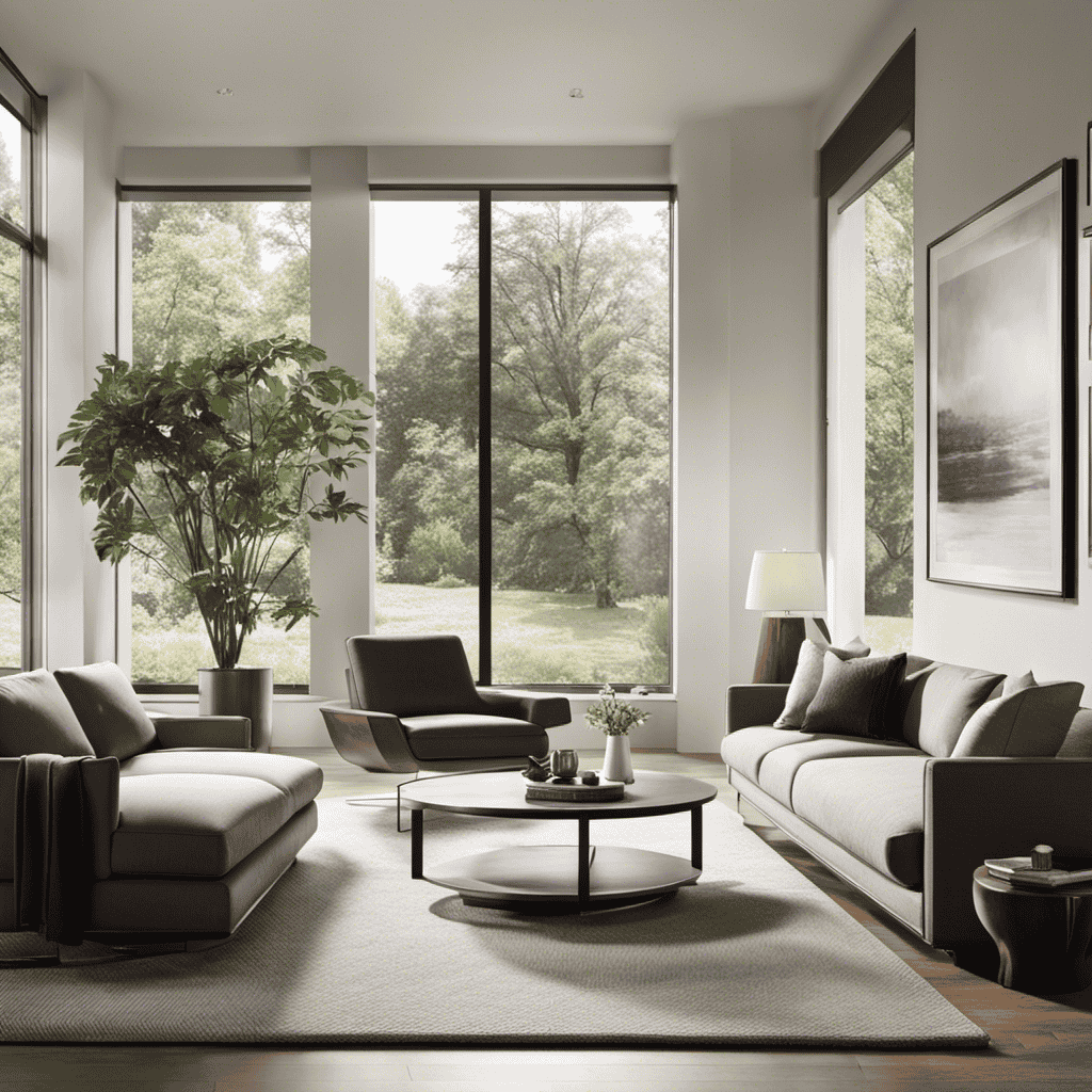 An image featuring a well-lit modern living room with a large window showcasing a picturesque view, while a sleek, white Sharp Air Purifier sits elegantly on a side table, blending seamlessly with the sophisticated decor