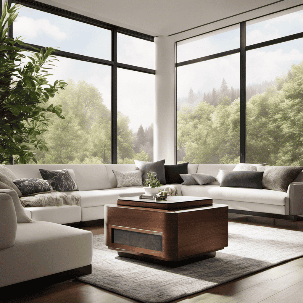 An image showcasing a living room with a serene ambiance, featuring a Whirlpool air purifier placed on a sleek wooden table near a large window