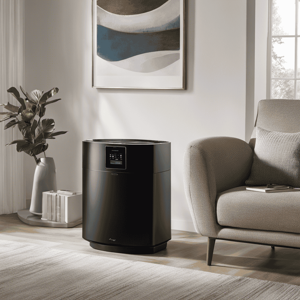 An image showcasing a well-lit, modern living room with a Whirlpool Whisper Air Purifier subtly placed on a sleek side table