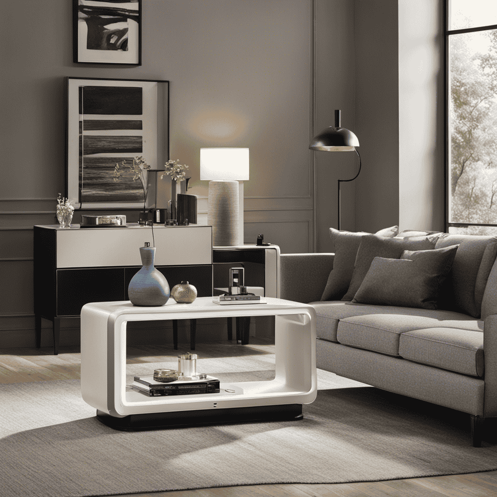 An image showcasing a well-lit, spacious living room with a Winix air purifier subtly placed on a sleek side table